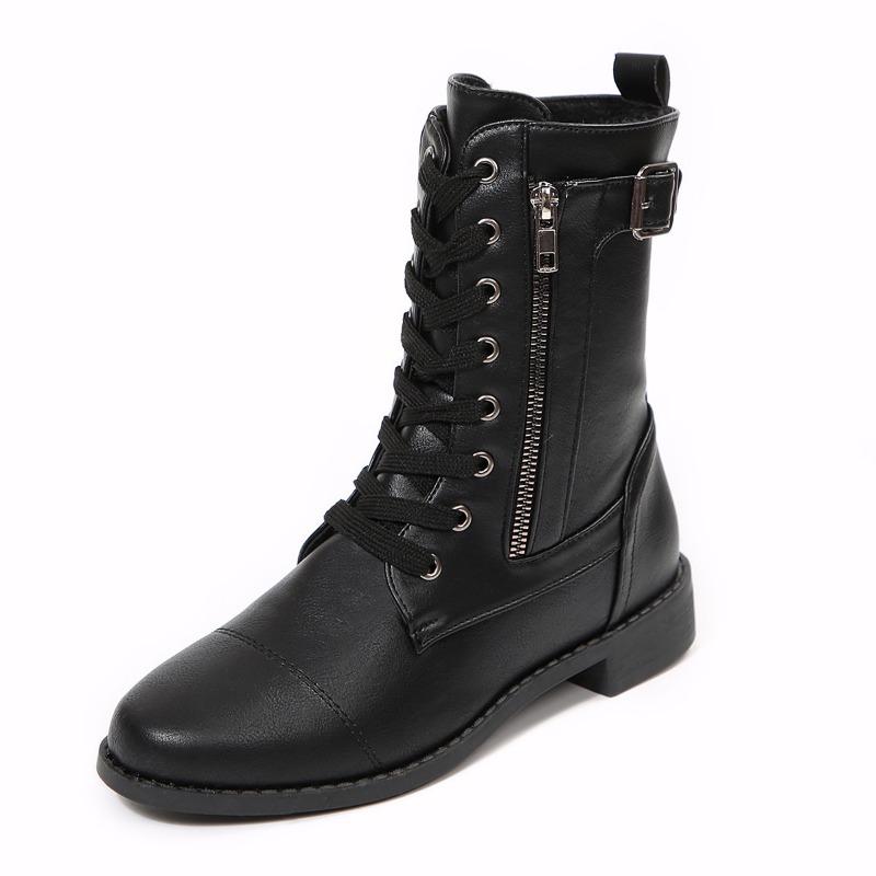 Cotton Boots, Plus-size Shoes, Side Zippers, Mid-top Fleece Boots, Women's Round-toed Lace-up Boots with Thick Heels