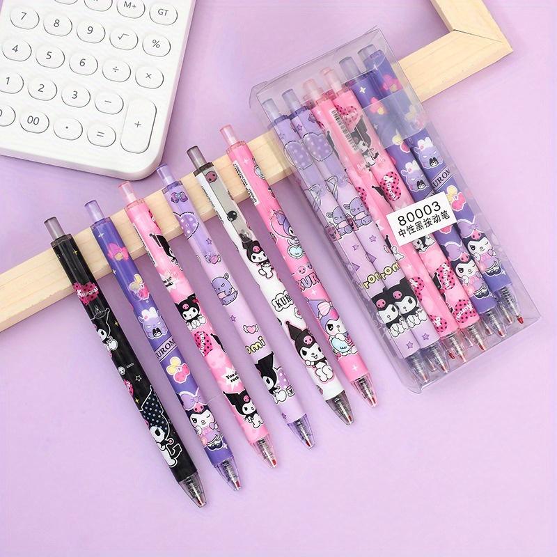 12Pcs Kuromi Sanrio Cartoon Gel Pen Kawaii Hello Kitty Cinnamoroll Melody Stationery with Metal Hook Office Write 0.5mm Black