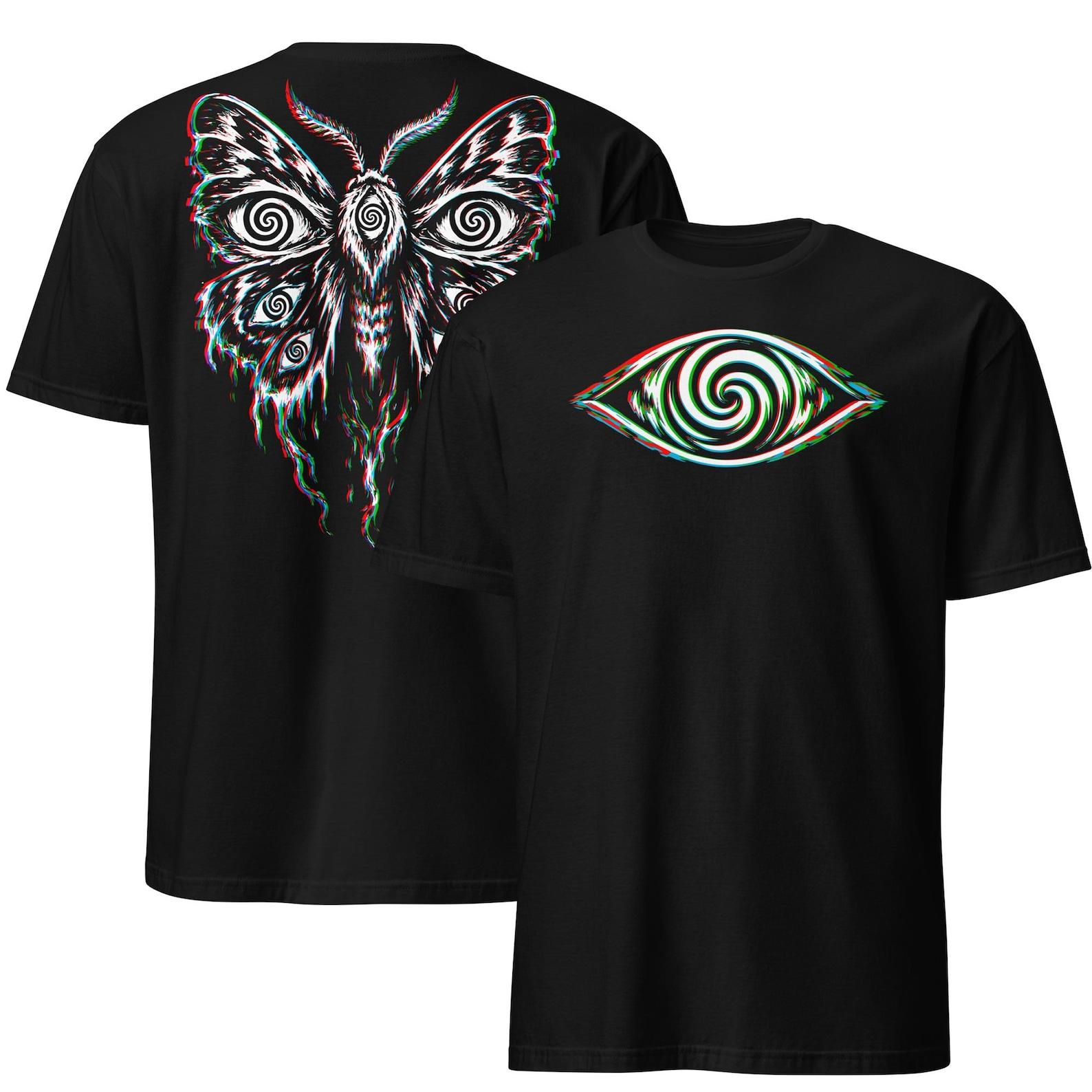 Hypnotic Eye Moth Shirt, Front and Back Psychedelic Glitch Tee, Surreal Occult Festival T-Shirt 2XL