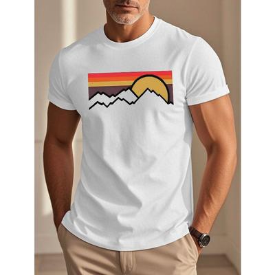 T-shirt Homme - Léger Respirant Coupe Ample Col Rond Manches Courtes avec Impression Montagne & Arbre Convient pour la Randonnée, le Camping, le Voyage
