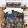 Whimsical Starry Night Village Duvet Cover Set, Folk Art Style Print Bedding, 2D Flat Printed