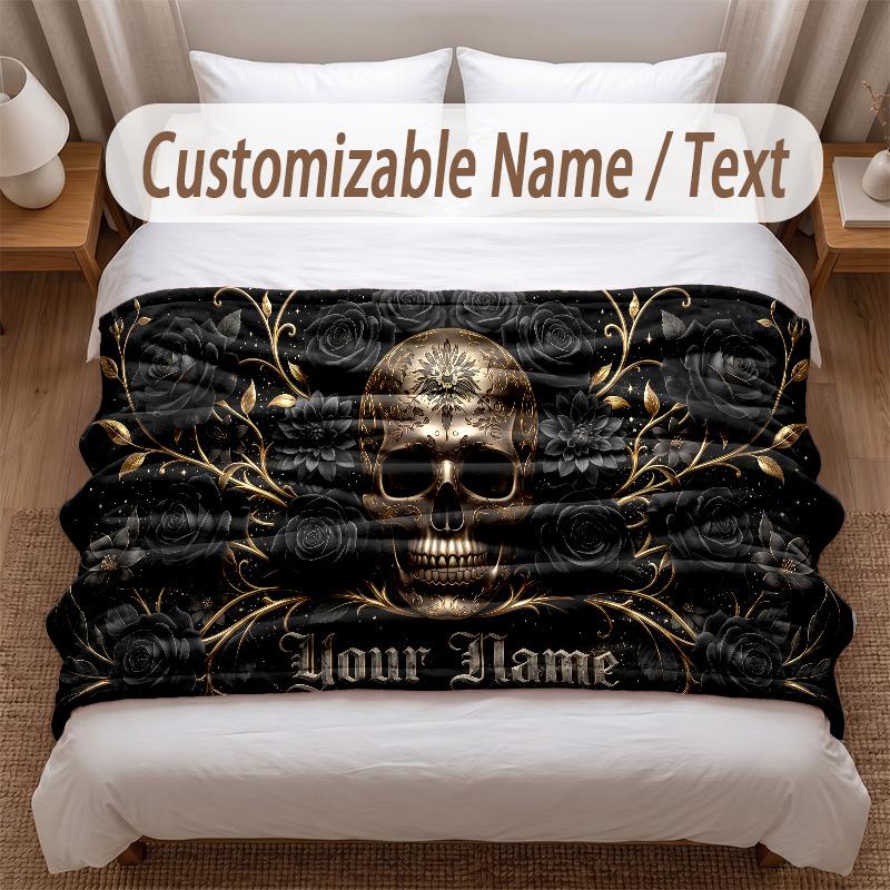 Skull Gothic Theme Soft Blanket Personalized Custom Name Text Print Warm Blanket Home Sofa Bedroom Decor