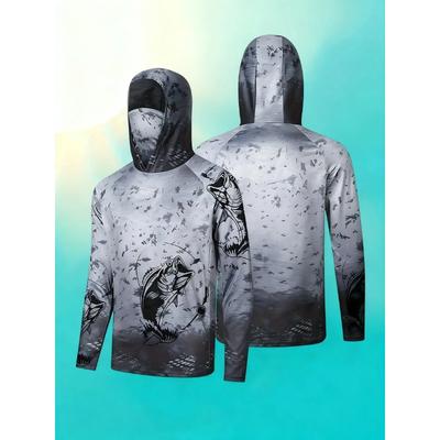 Sonnenschutz Angelmänner Langarm T-Shirt Kapuze Mit Gesichtsmaske Bass Camo Print Outdoor Sport Angeln Freizeit T-Shirts Oberteile