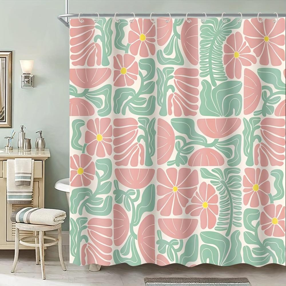 Boho Abstract Colorful Floral Shower Curtain – Vintage Patchwork Design, Pink & Green Flowers, Geometric Pattern W90xH180cm