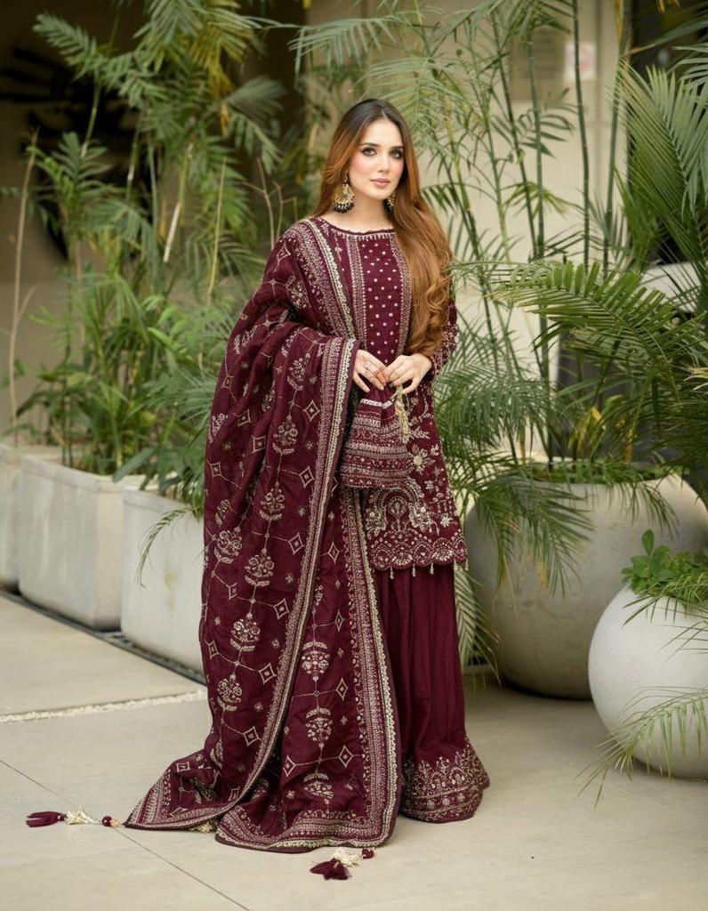 Women Maroon Sharara Salwar Suit Indian Pakistani Designer Salwar Kameez Bollywood Party Wear