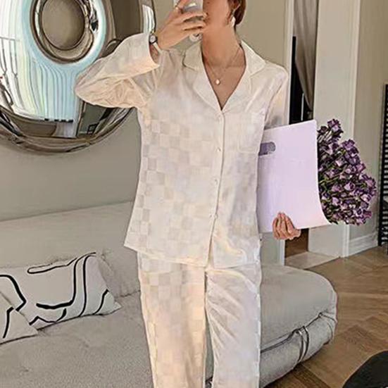 Womens Satin Pajamas Set Button Down Long Sleeve Top And Long Pants Sleepwear Set Oversized Casual Plaid 2 Piece Lounge Set