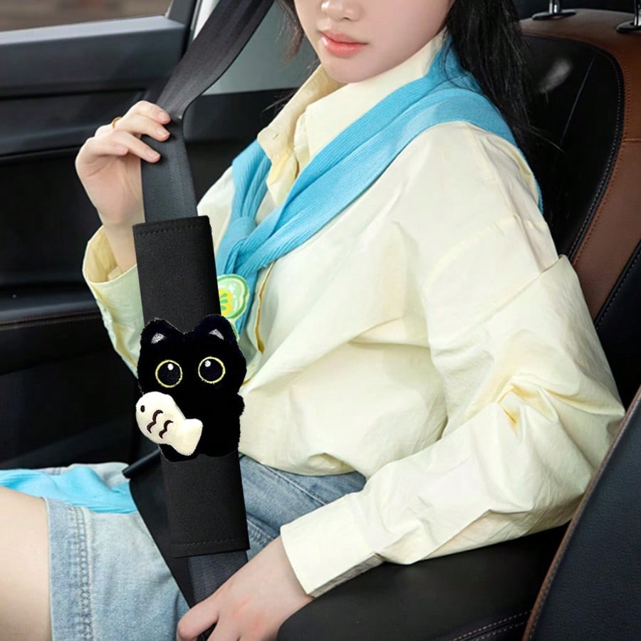 1PC Black Cat & Fish Decor Car Shoulder Pad Cover Fashionable Elegant Design Comfort Enhancer Fits Most Vehicles
