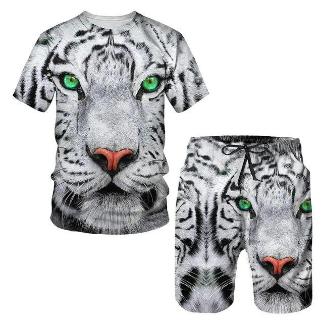 Tricou/costumul cu imprimeu 3D The Tiger, cu mâneci scurte, cu gâtul O, pantaloni de plajă pentru bărbați, set de 2 bucăți, îmbrăcăminte sport pentru cuplu, pantaloni scurți de înot