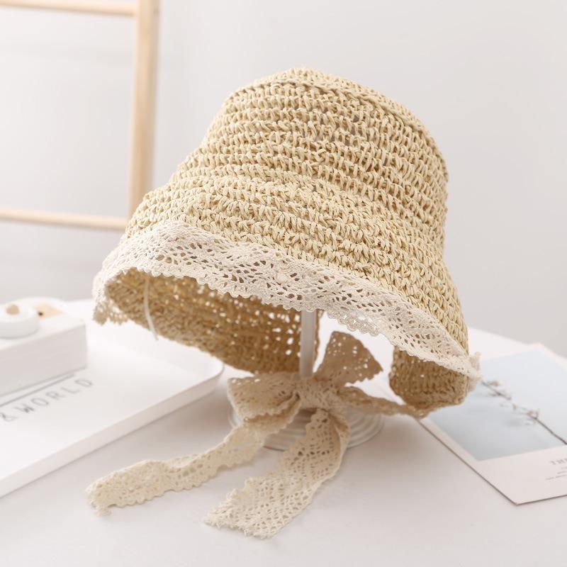 Handmade Crocheted Lace Lace Tied Straw Woven Women'S Back Opening Ponytail Hat Summer Breathable Sun Protection&Sunshade Hat
