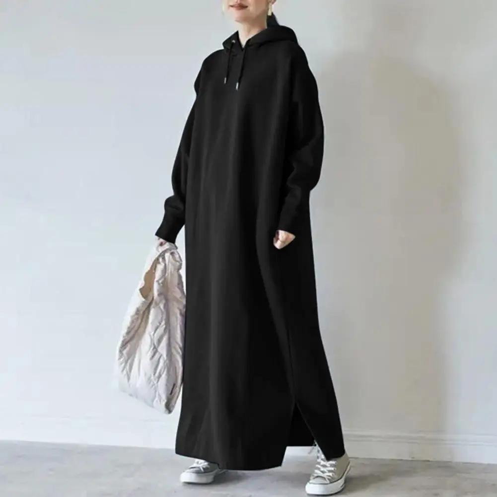 Vestito Felpa da Donna Coulisse Manica Lunga Spacco Laterale Orlo Vestito Felpa con Cappuccio Foderato in Pile Ispessito Maxi Vestito con Cappuccio