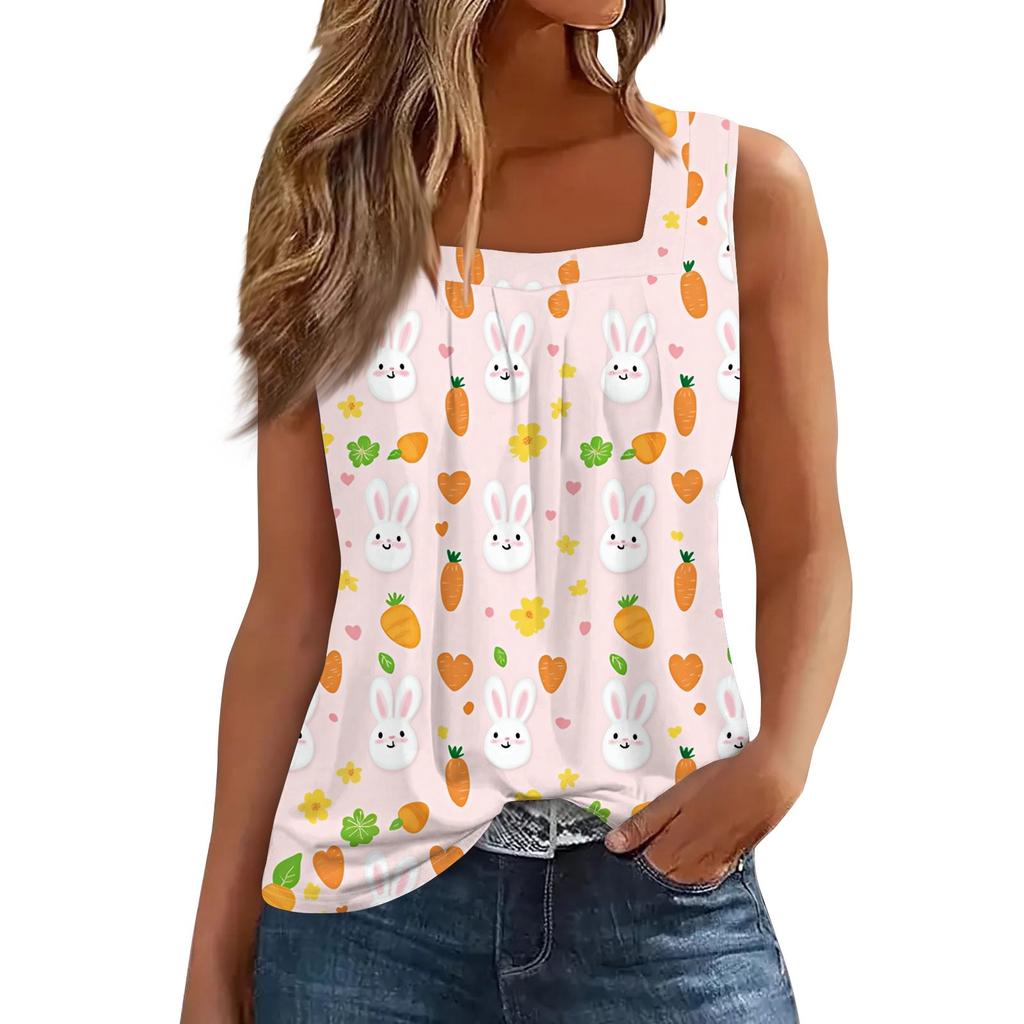 Women's Fashion Casual Pleated Square Collar Sleeveless Vest Print Summer T-shirt