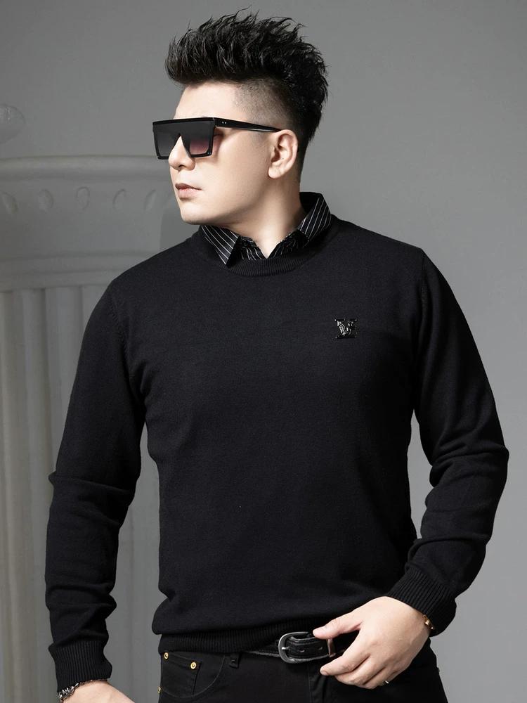 European Station 2025 Autumn/Winter New Round Neck Faux Two-Piece Sweater Men's Trendy Badge Warm Knitted Base Shirt