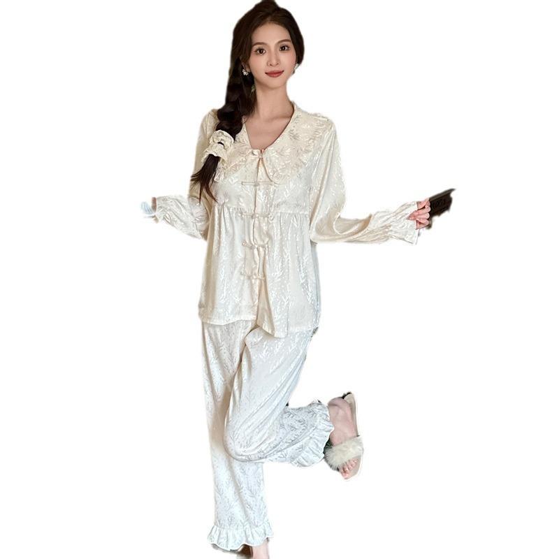 New pajamas women's spring and autumn ice silk loose French doll collar jacquard long-sleeved trousers set antique loungewear