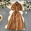 2026 retro embroidery hollow lace lapel breasted slim-fit long age-reducing bubble sleeve dress women