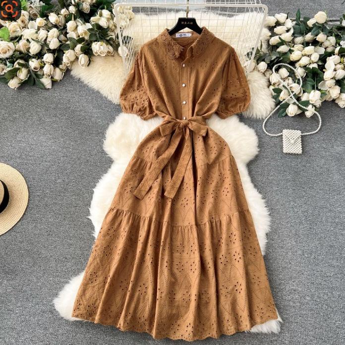 2026 retro embroidery hollow lace lapel breasted slim-fit long age-reducing bubble sleeve dress women