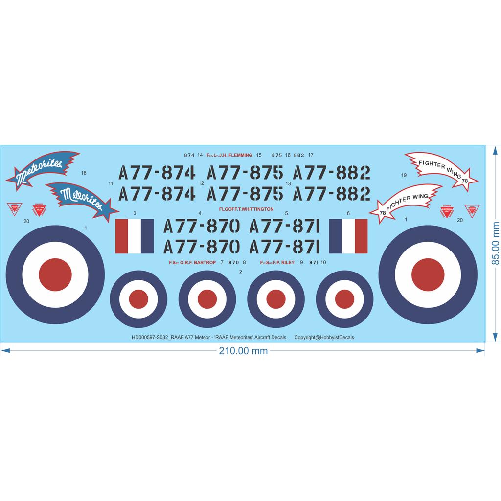 RAAF A77 Meteor - 'RAAF Meteorites' Aircraft Decals - 1/32 1/48 1/72 1/144 - WD - Waterslide, 1/32