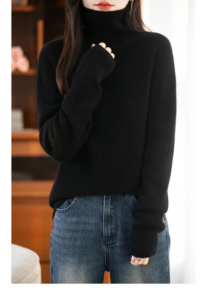 Women's High Neck Ribbed Wool Sweater - Loose Fit Plus Size, Autumn/Winter Knit Base Layer