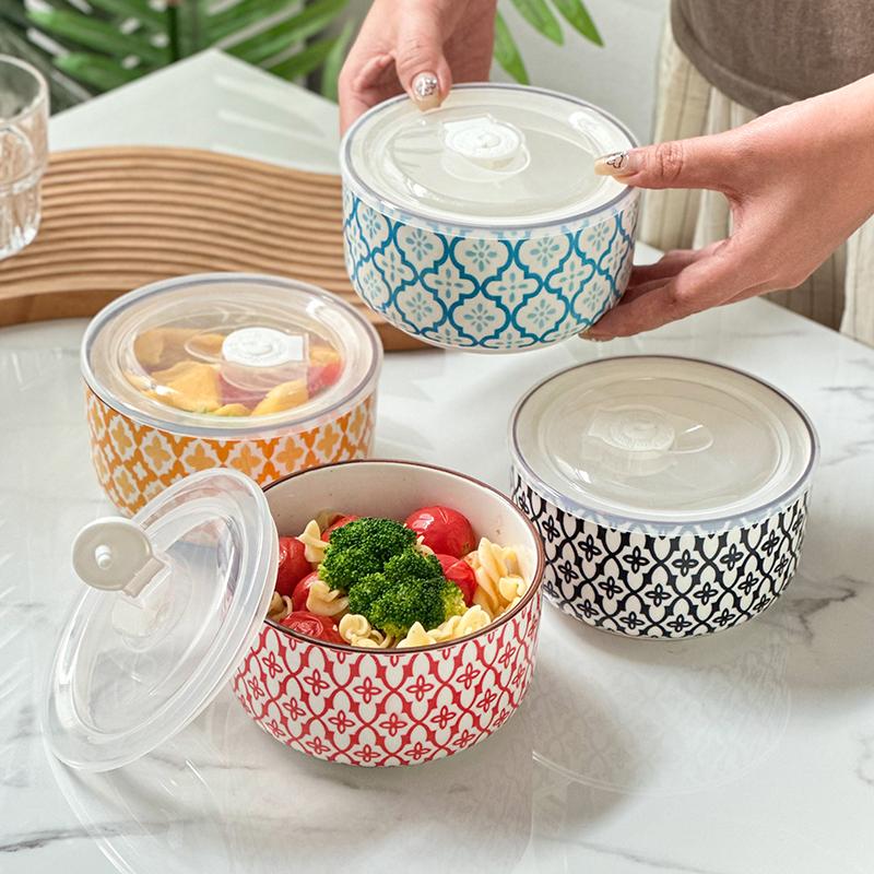 1-Pack 5.3 Inch Bohemian Lidded Fresh-Keeping Bowl, Microwave-Safe Multi-Purpose Fresh-keeping Bowl, Fruit/Salad/Pasta/Rice/Soup