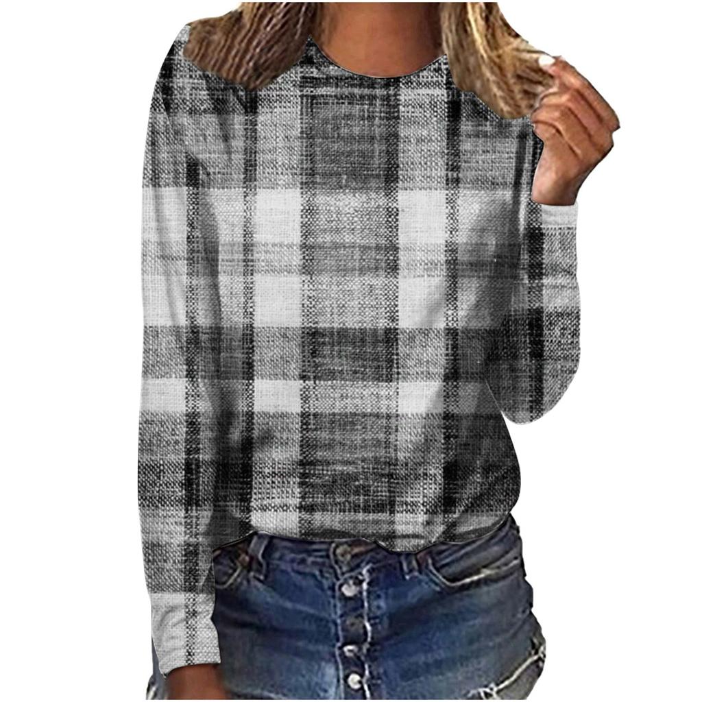 Plaid Striped Retro Women T-Shirts Spring Autumn Long Sleeve Comfort Street 3D Print Female Tee 3XL Plus Size Casual Tops
