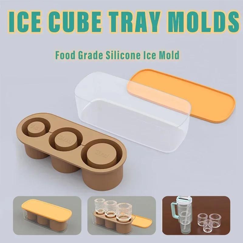 3 Grid Ice Mold for Stan Ley Cup Silicone Cylinder Ice Mold with Lid and Bin for Freezer Ice Drink Juice Whiskey Cocktail