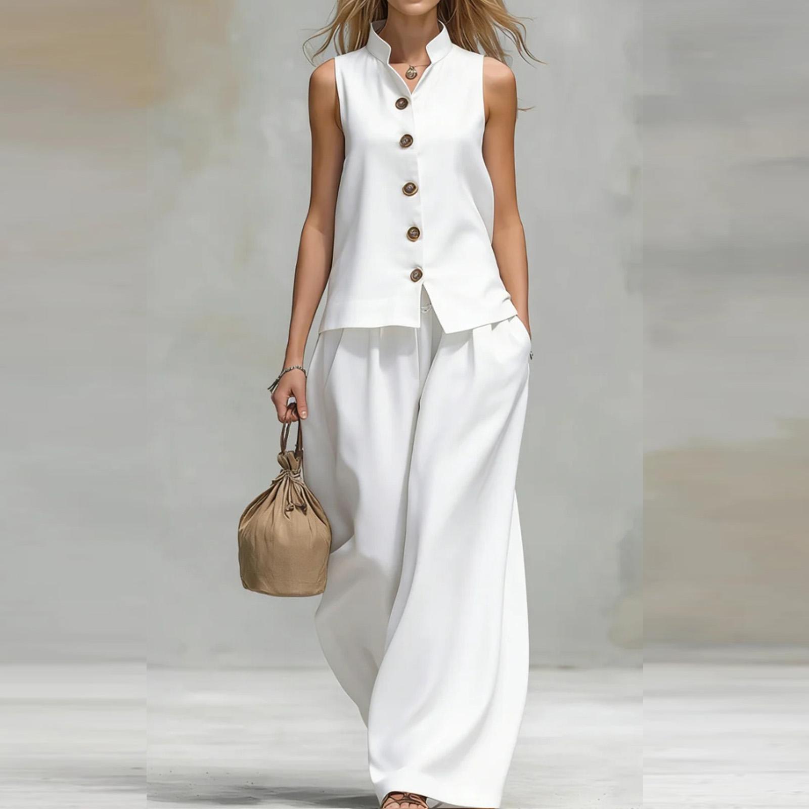 

Women Sleeveless V Neck Button Front Vest Top Wide Leg Loose Fit Long Pants Two Piece Set Summer Casual Outfit XL білий