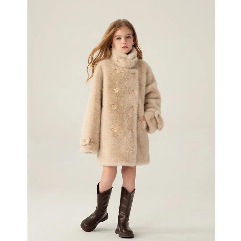 Winter Warm Girls Fashion Double-Breasted Cotton Lined Faux Fur Jackets School Kid Thick Coat Children Outfit Windbreaker