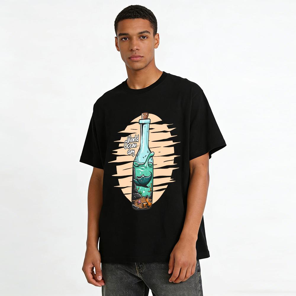 World Ocean Day Themed Ocean In A Bottle Graphic Casual T-Shirt Pure cotton T-shirt