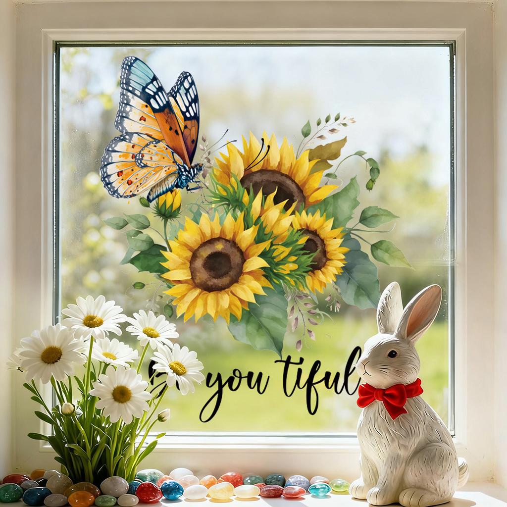 Butterfly and Sunflower Window Sticker Colorful Window Cling Decoration for Home Bedroom Living Room Glass Decor