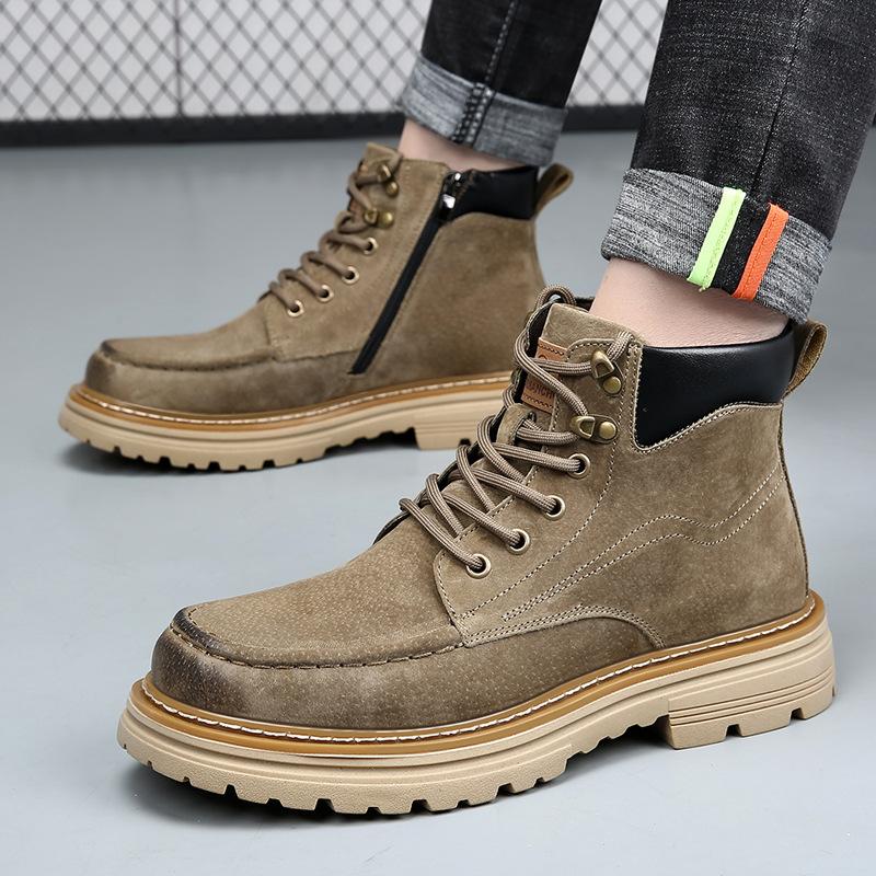 Autumn Winter New Pig Leather Boots Men British Fashion Casual Outdoor Work Boots Man Solid Color Designer Platform Shoes Male