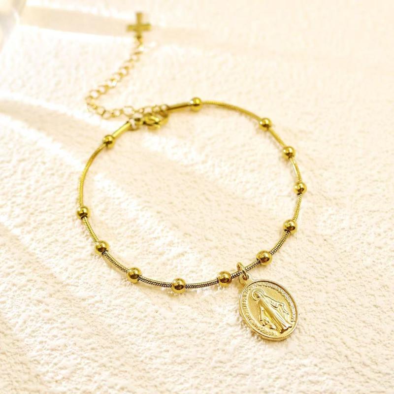1-piece Gold Color Round Bead Oval Pendant Bracelet, Suitable for Women's Religious Prayer Holiday Accessories Jewelry