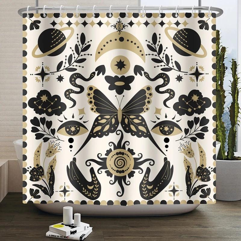 Floral Skull Shower Curtain Mushroom Gothic Halloween Bathroom Decor Curtain Skeleton Butterfly Vintage Artwork Bathtub Curtain