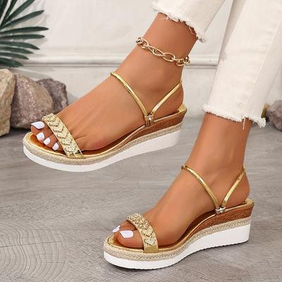 Fashion Gold Rhinestone Wedge Sandals for Women 2025 Summer Non Slip Beach Shoes Woman Lightweight Platform Slippers Plus Size