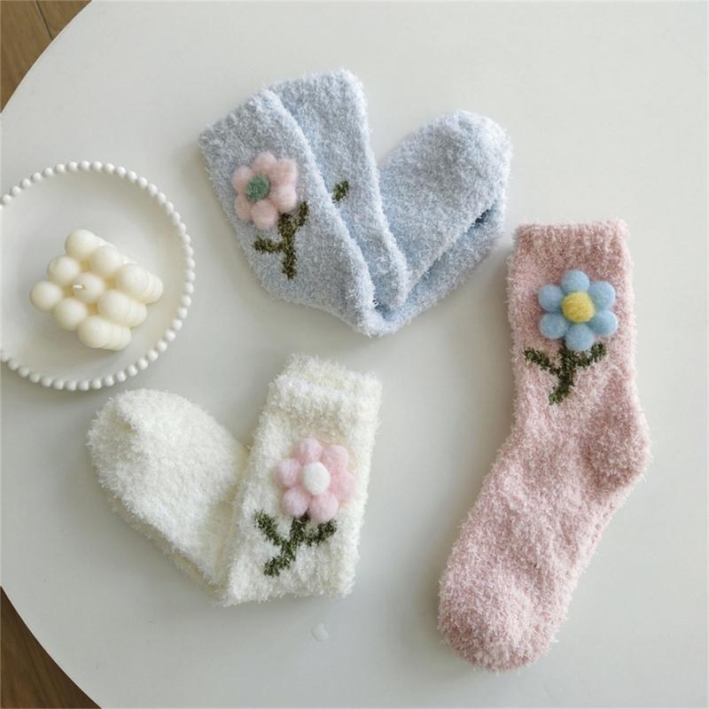 Japanese Women Girl Cute Coral Fleece Slipper Socks 3D Plush Flower Thicken Warm Thermal Fuzzy Floor Sleeping Socks