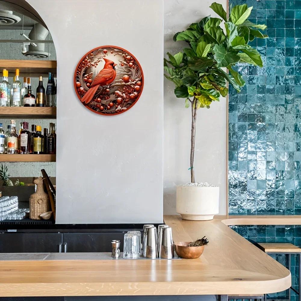 1pc North American Cardinal and Holly Berry Wreath Sign Noble Bird Rustic Metal Sign Elegant Cardinal Decorative Wall Hanging