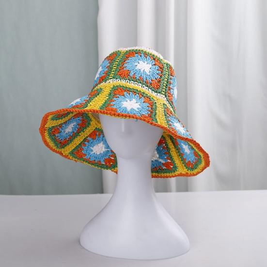Fisherman Hat Floral Pattern Crochet Straw Sun Hat Anti-UV Sun Protection Foldable Packable