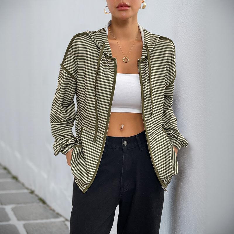 Neuer Herbst Reißverschluss Cardigan Koreanischer Lazy Style Kapuzenstreifen Damen Freizeitjacke