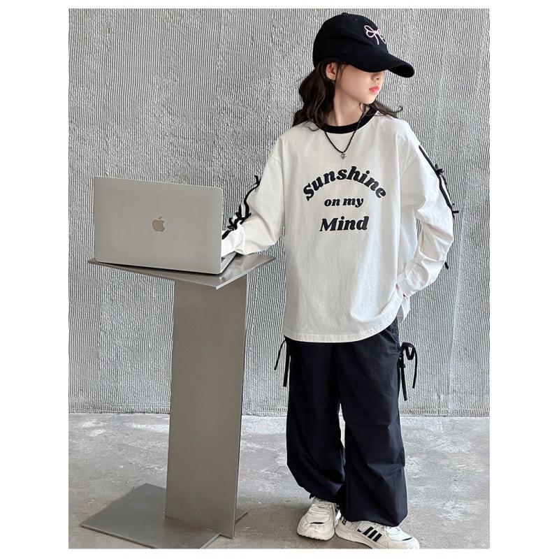 

Girls Bow Round Neck Color Block T-shirt - Versatile Spring/Autumn Base Layer Shirt 100 cm білий