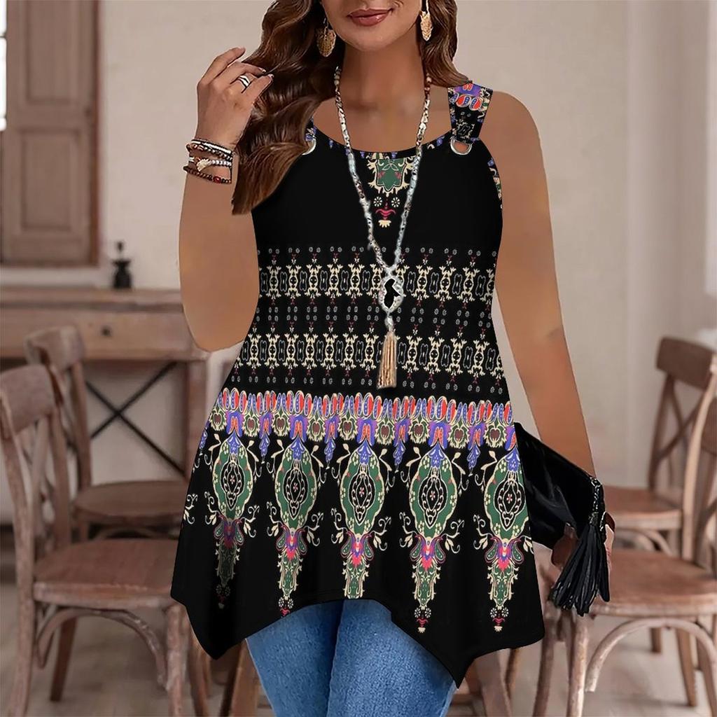 Modische Lässige Sport-Doppelring-Weste für Damen, Große Tank-Weste mit Vintage-Musterdruck, Unregelmäßiger Saum, Elegant und Schlicht