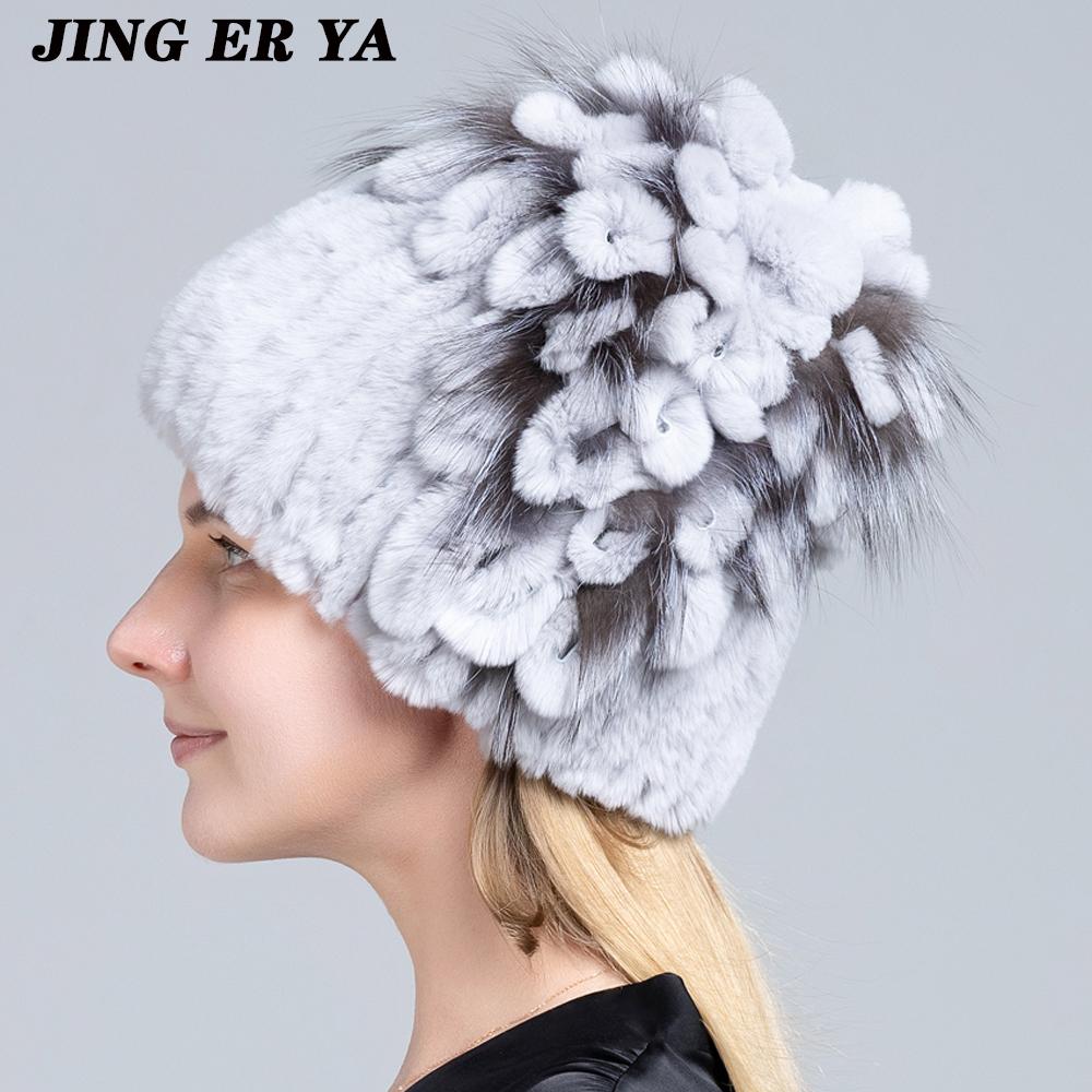 Winter Women's Warm Fashion Beanie Knitted Hat Real Rex Rabbit Fur Hat Knitted with Side Flower Russia Hat