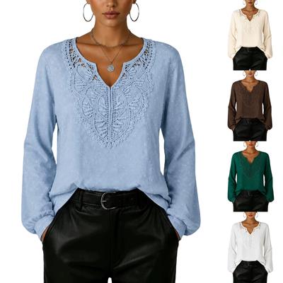 Damen Spitze Cutout V-Ausschnitt Langarm Lässige Bluse für den Weg zur Arbeit