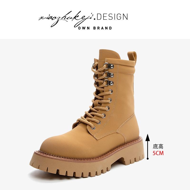 Leather Martin boots women's autumn new rhubarb boots thick-soled inner height-increasing medium boots women