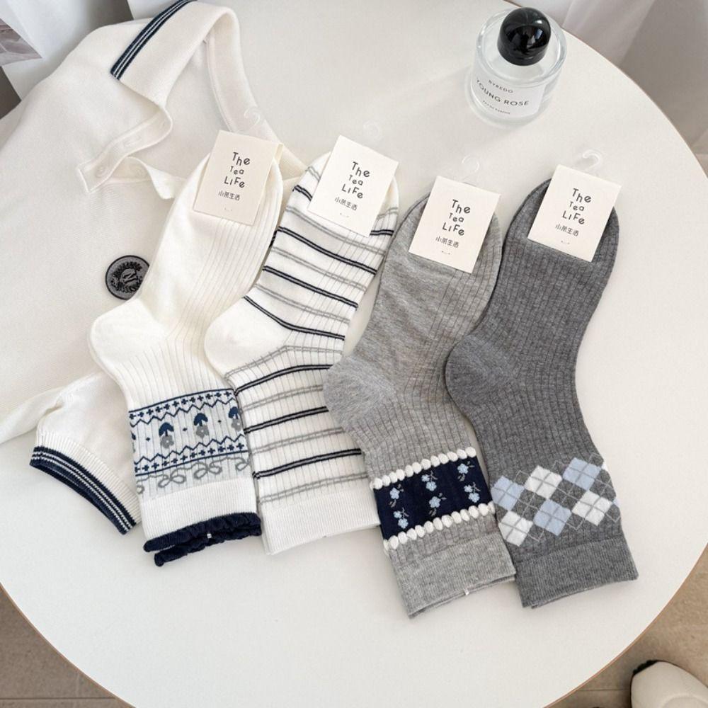 Grey Checkered Cotton Socks Small Flower Boneless Pile Socks One Size Mid-calf Socks  Spring Summer