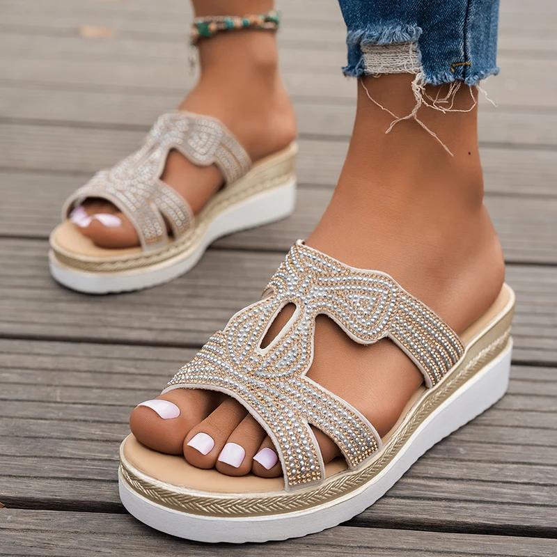 Fashion Fashion Rhinestone Wedge Slippers for Women 2025 Summer Lightweight Non Slip Beach Slides Woman Peep Toe Platform Casual Sandals