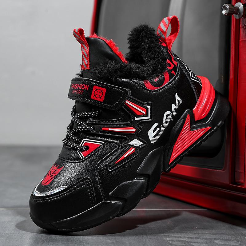 Fashion Children Winter Leather Cotton Shoes Boys Waterproof Warm Running Shoes Kids Outdoor Walking Casual Shoes Tennis Red Black