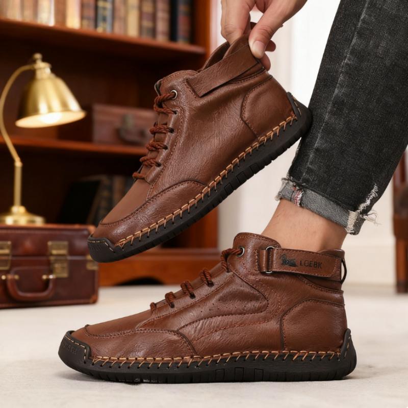 Retro Handmade Stitched Men's High-Top Leather Boots Buckle Strap Casual Shoes  New Comfortable Non-Slip Flat Luxury Shoes