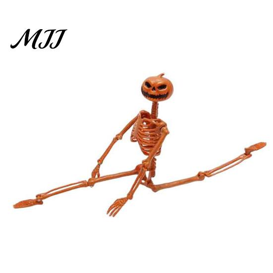 Pumpkin Skull Prop 40cm Head Skeleton for Halloween Decoration, Movable Joint Spooky Party Supplies Figurine with Hanging Lanyard, Festive Statue