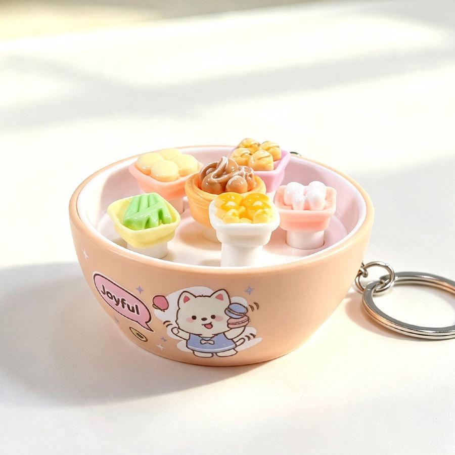 Plastic Mini Bread Squeeze Toy Keychain With Cartoon Pattern For Kids And Teens