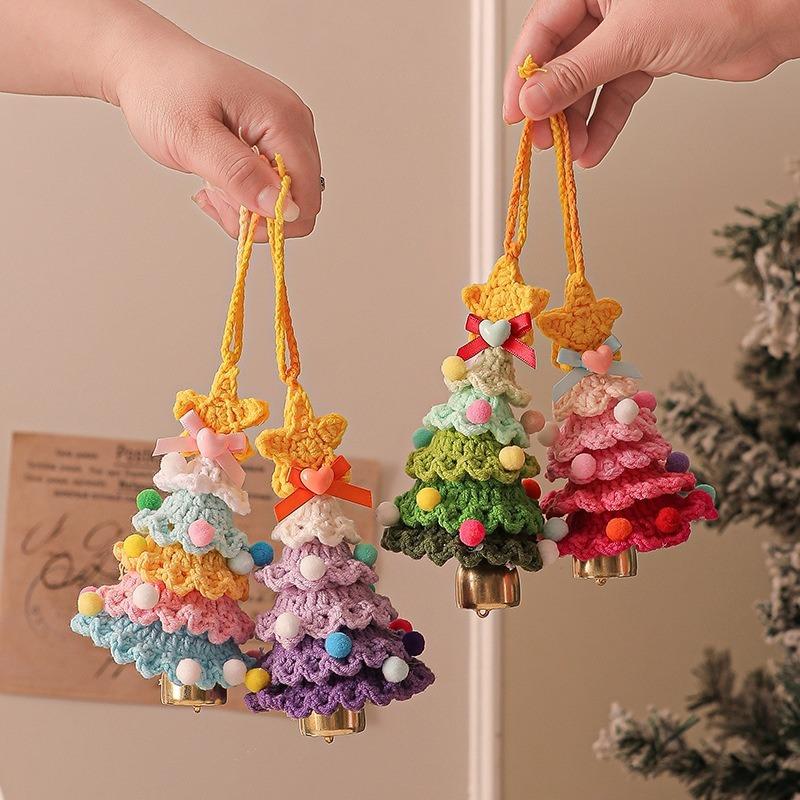 Handmade Plush Christmas Tree Pendant - Knitted Crochet Hanging Ornament with Jingle Bell for Christmas Party