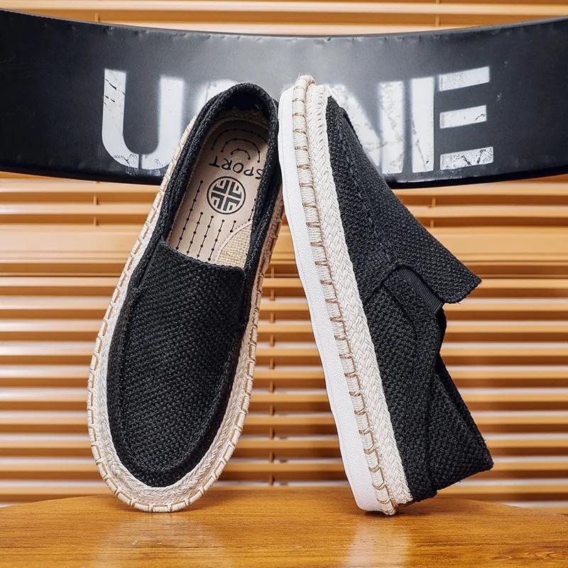 Men Flax Casual Shoes Simple Breathable Slip-on Loafers Flat Fisherman Shoes
