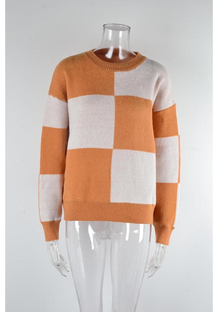 New 2026 Autumn/Winter Women's Plaid Color Block Round Neck Knit Pullover